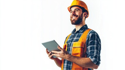 Smart engineer man holding a tablet and smiling at a construction site, isolated on a white background