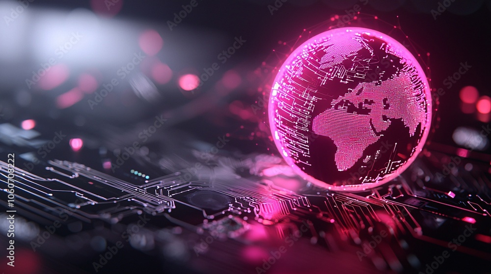 Poster futuristic geometric patterns with satellite view - neon circuits and ai-driven globe emitting cosmi