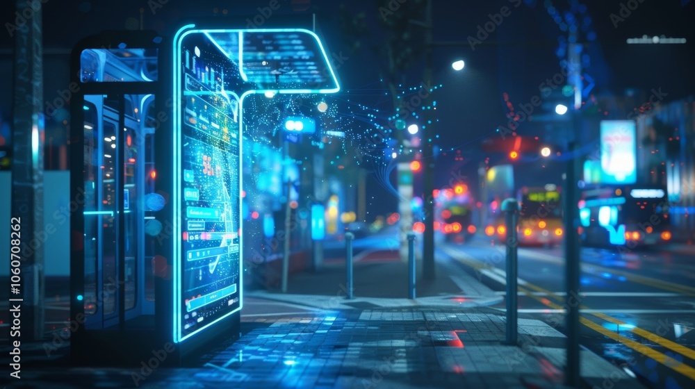 Poster interactive digital display at a futuristic bus stop showcases route information and real time data,