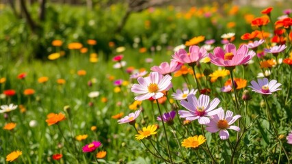 Fototapeta premium A vibrant field of blooming wildflowers basking in the warm spring sun, growth, scenery
