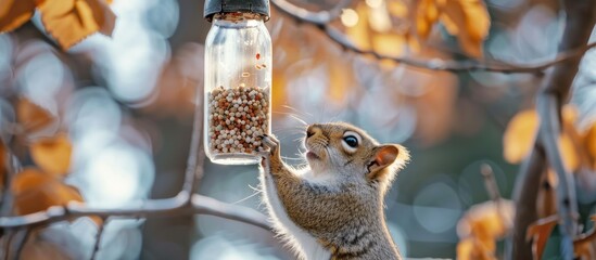 Obraz premium Cute squirrel stealing seeds from a bird feeder in autumn. Wildlife, nature, and humor.