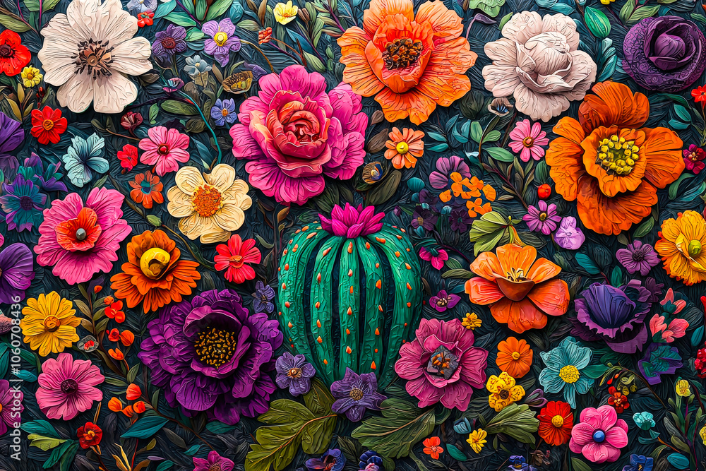 Poster a stunning display of colorful flowers and a cactus, intricately designed in a textured artwork that