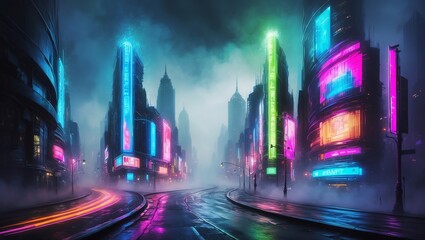 Abstract cityscape with neon highlights and foggy atmosphere, inspired by urban nightlife. Created with generative AI technology