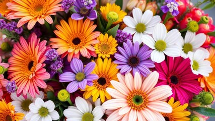 A vibrant bouquet of assorted flowers in full bloom, showcasing a colorful array of petals and textures, nature, botanical