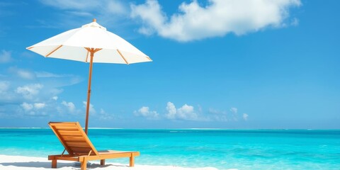 Obraz premium A vibrant beach scene with colorful umbrellas and lounge chairs overlooking the turquoise ocean under a clear blue sky, creating a perfect summer getaway, getaway, sky