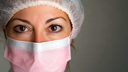 healthcare professional wearing pink mask and cap, focused and determined. image conveys sense of dedication and care in medical field