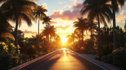 A scenic road lined with palm trees bathed in the golden glow of a tropical sunset.
