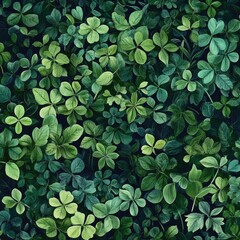 Watercolor Spring Green Leaves and Fallen Petals Pattern with Clover and Shamrock Decorations