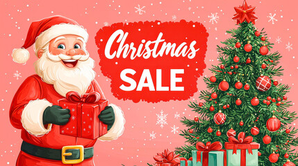 A cheerful Santa Claus stands with a present in hand next to a vibrant Christmas tree adorned with ornaments, promoting the holiday sale