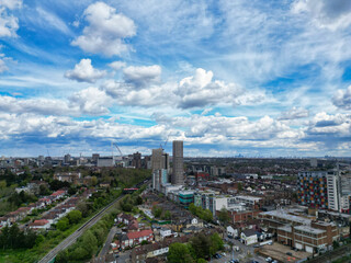 Aerial View of Downtown and Central Wembley London City of England Great Britain. High Angle Footage Was Captured with Drone's Camera from Medium High Altitude on April 17th, 2024