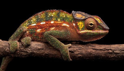 Obraz premium Portrait of a vibrant chameleon perched on a branch against a dark background