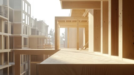 Wooden beams and framing create a modern and airy structure in this new building.