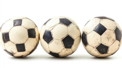 Three well-worn soccer balls lined up in a row, ready for a game.