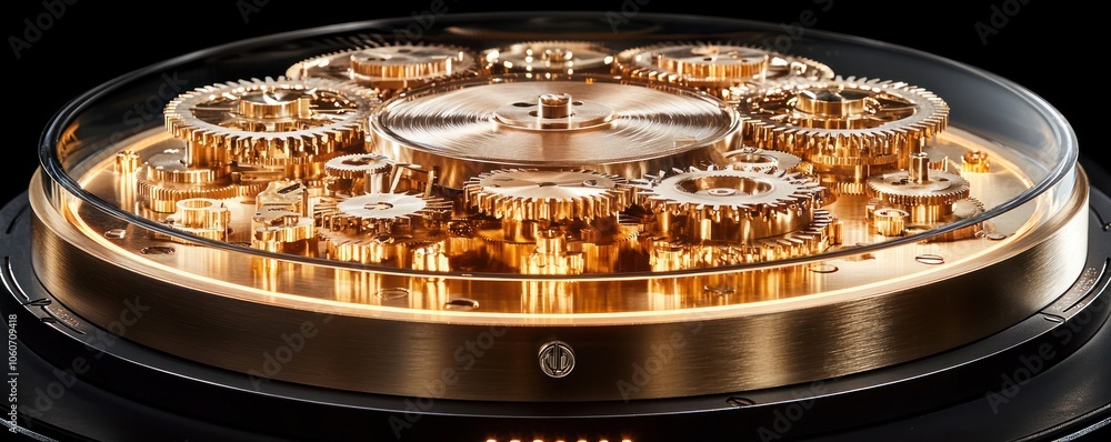 Poster close-up of gold gears and mechanisms in a circular glass enclosure