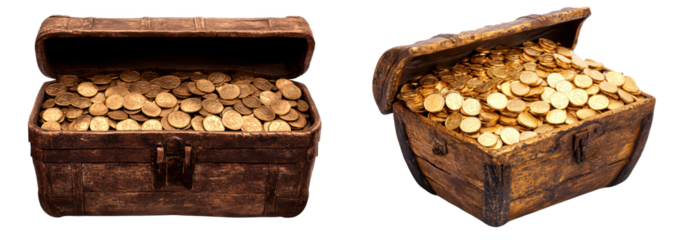 Two treasure chests overflowing with gold coins isolate on transparent background, cutout, png
