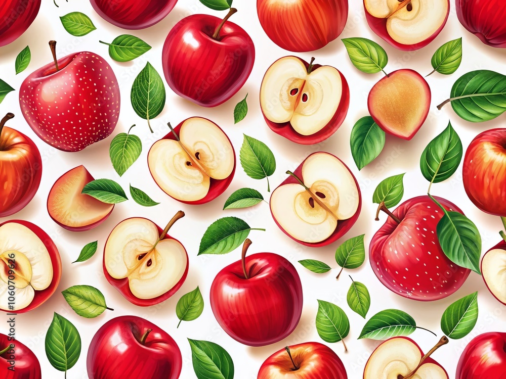 Fototapete seamless vector pattern featuring red apples from multiple angles, including sliced halves and cutou