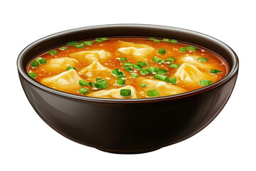 Wonton soup with green onions, PNG isolated on transparent background, white background.