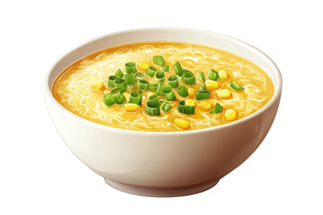 Egg drop soup with corn and green onions, PNG isolated on transparent background, white background.