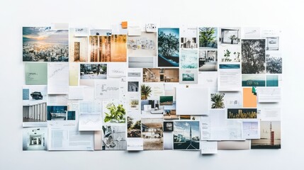A white wall covered in various images and documents, creating a collage of ideas and inspiration.