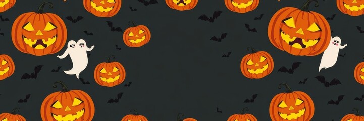 A spooky Halloween wallpaper featuring jack-o-lanterns, bats, ghosts, and witches, decoration, bats