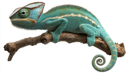 Obraz premium Vibrant chameleon resting on a branch in a tranquil isolated setting