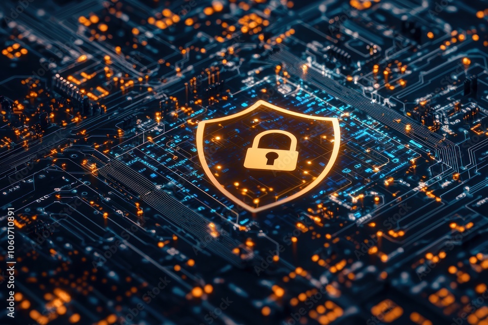 Poster a digital shield and lock icon on a circuit board