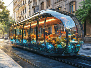 Naklejka premium futuristic subway train with a glass aquamarine enclosure that allows passengers to see through the walls of the train.