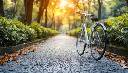 Sustainable city street with bike lanes and green spaces in a vibrant urban setting