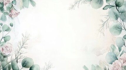 Obraz premium Watercolor painting of pink roses and eucalyptus leaves in a delicate, romantic style.