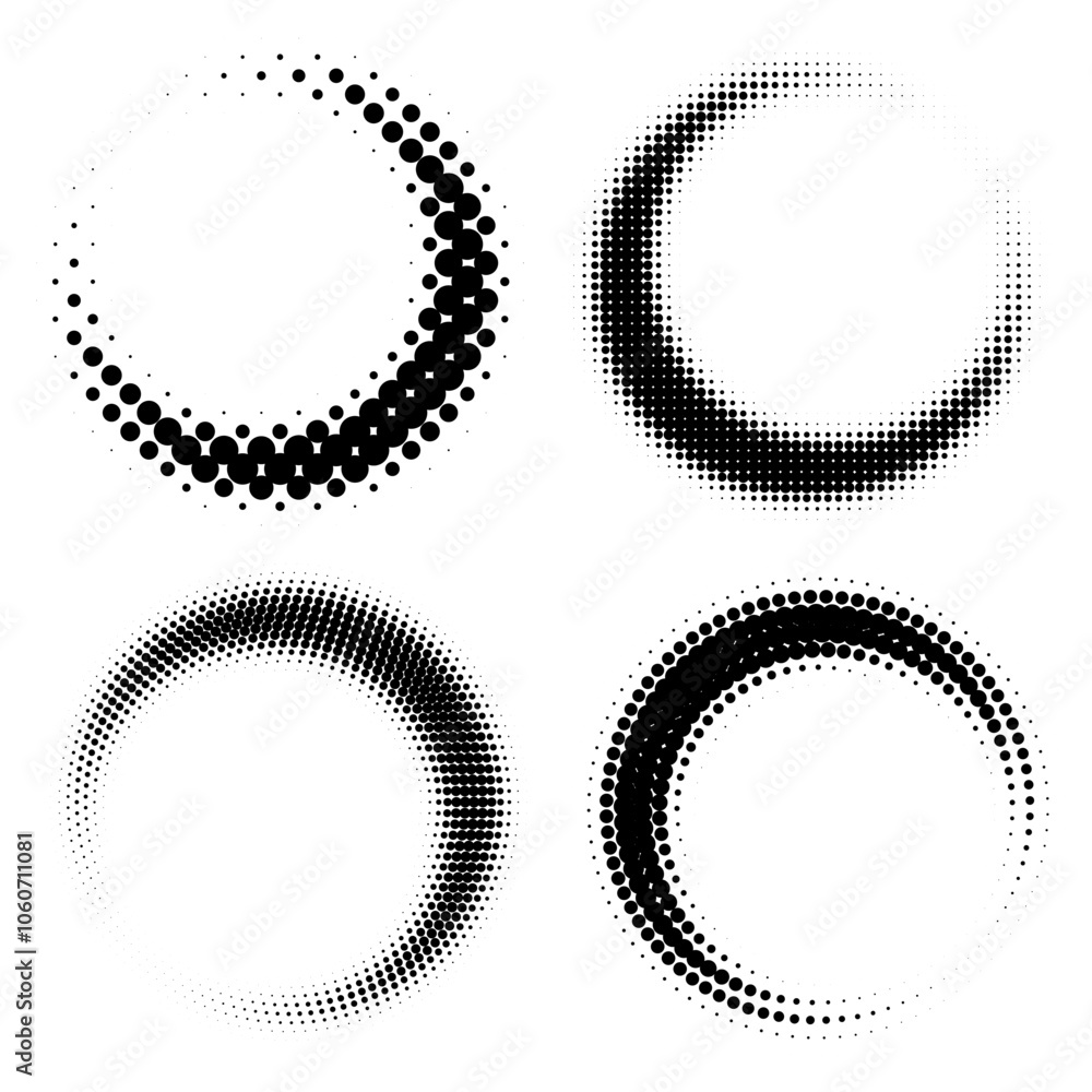 Poster various styles of circular patterns created with black and white dot designs