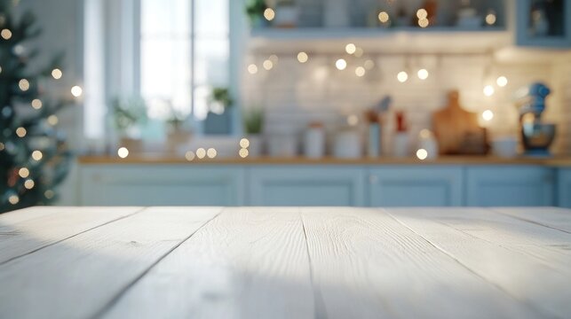 Empty white wooden countertop on blurred background of kitchen decorated for Christmas