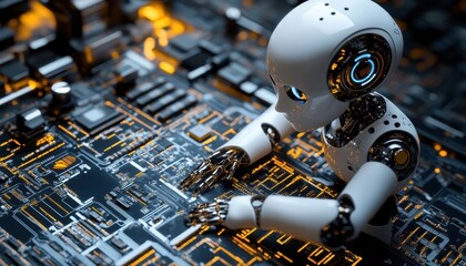 Tiny robot analyzing a circuit board for optimization in automation technology