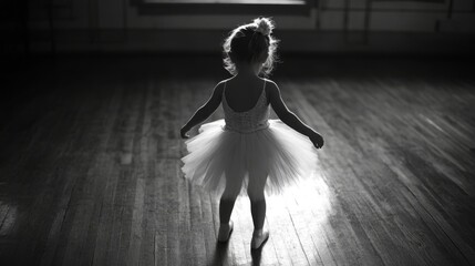 Little Girl Dancing in Tutu in Ballet Studio, Graceful Practice Session