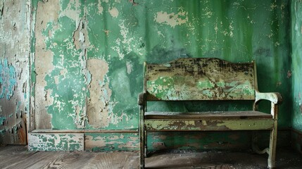 Aged seat in shabby space with green paint