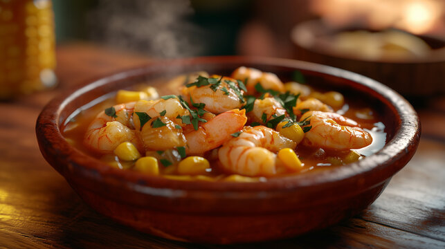 steaming bowl of chupe de camarones, vibrant orange broth with large, juicy shrimp, chunks of fresh vegetables like corn and potatoes, topped with fresh herbs, rustic wooden table setting