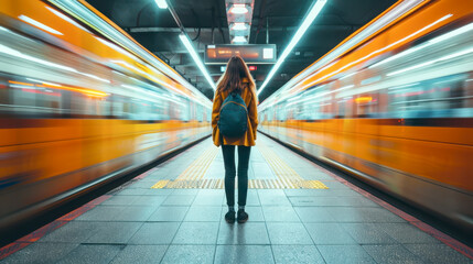 Woman standing near moving speed train in the platform of subway station. Public transport concept.