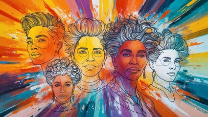 Fototapeta premium Contemporary line art portraits with colorful abstract backgrounds. Created with generative AI technology