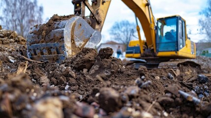 Obraz premium Mounds of dirt and rubble piled up as the excavator tirelessly digs through the earth for the foundation.