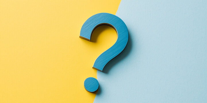 A large blue question mark positioned against a split yellow and blue background, symbolizing curiosity, questions, and problem-solving