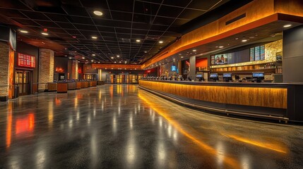 Empty bar area with wood and stone accents in a modern venue.