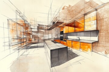 Modern kitchen design showing cabinets, island, and appliances in watercolor and sketch style