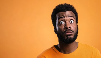 Fototapeta premium Portrait of a Confused Man with Surprised Expression Against Orange Background