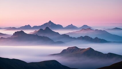 Dreamy landscape of misty mountains at dawn with pink and blue hues. Created with generative AI technology