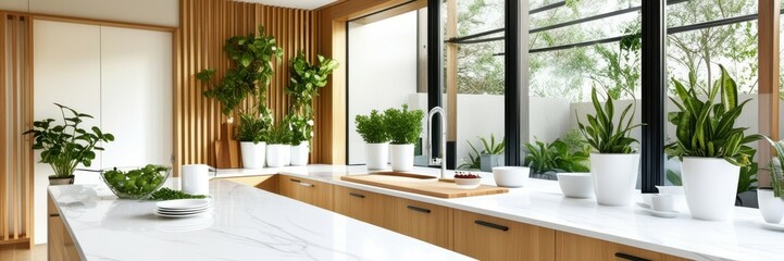 Modern interior design, sunlit room, large windows, natural wood elements, indoor plants, minimalist decor, white walls, cozy seating area, organic textures, zen atmosphere, biophilic design, contempo