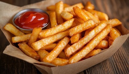 Crispy golden French fries served with a side of ketchup in a dish