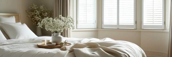 Luxurious bedroom interior, soft natural light, white orchids, plush bedding, neutral tones, serene atmosphere, shuttered windows, minimalist decor, cozy throw pillows, wooden tray, elegant simplicity