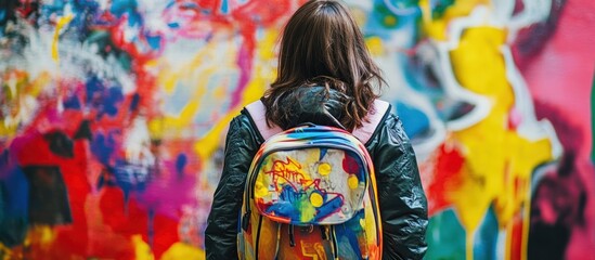 Fototapeta premium A young woman with a colorful backpack stands in front of a wall covered in vibrant spray paint.