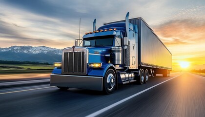 Blue semi truck driving on a road with mountains during sunset