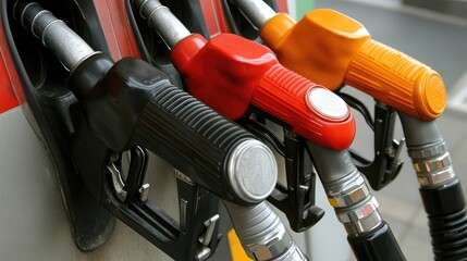 Close-up of three gas pump nozzles, black, red, and yellow, ready to fill vehicles.
