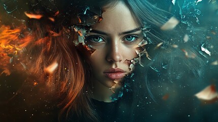 Digital Art of a Woman's Face with Shattered Glass Fragments Floating Around in Dark Abstract Space